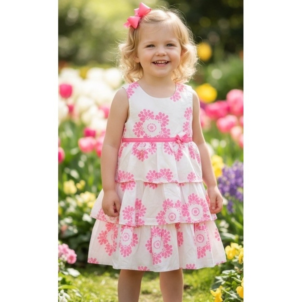 Carter's floral tiered Girls dress pink‎ white floral bow Size 5 EUC Vacation